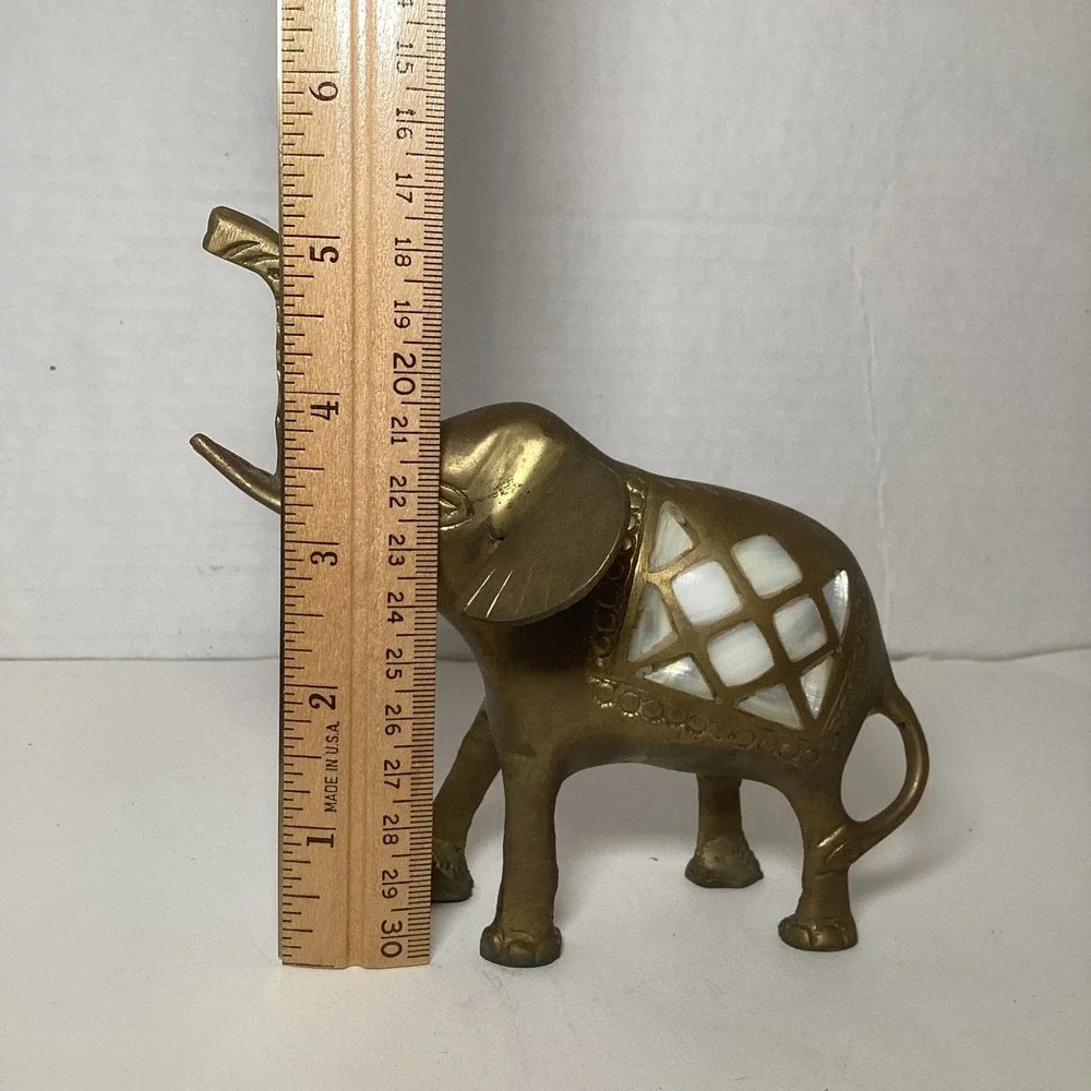Vintage Brass Elephant Figurine Mother of Pearl Inlay Trunk Up Good Luck Decor
